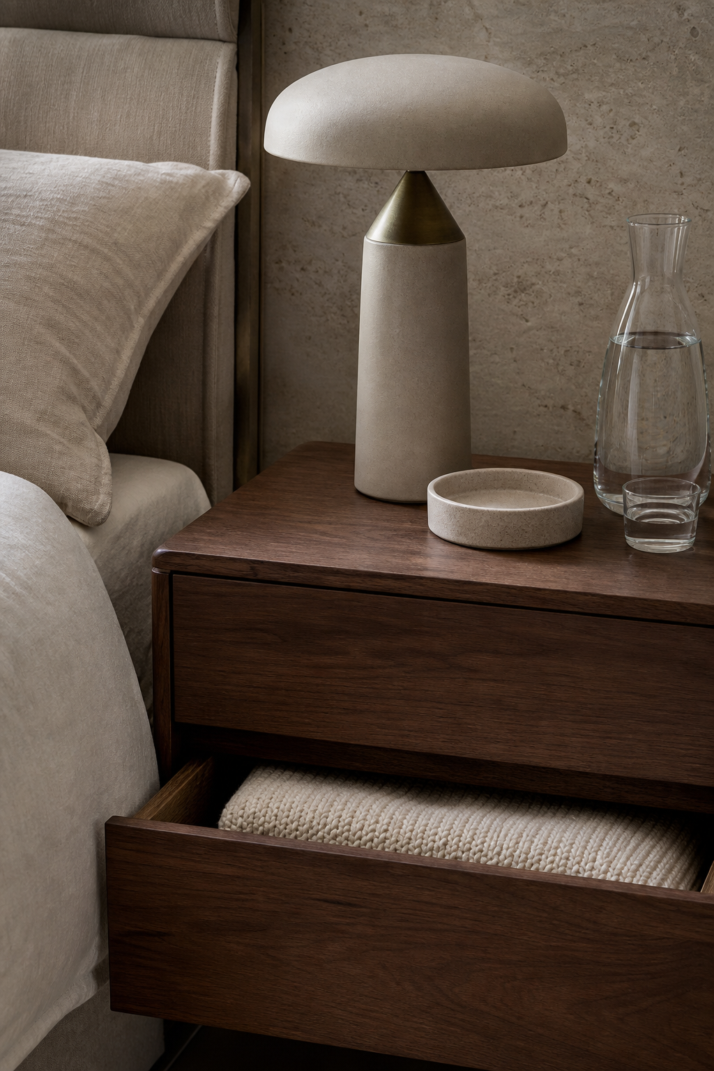 Modern walnut nightstand with drawer, lamp, tray, and linen bed beside it