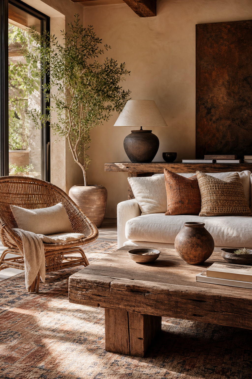 Rattan chair paired with a reclaimed wood coffee table in a designer boho living room