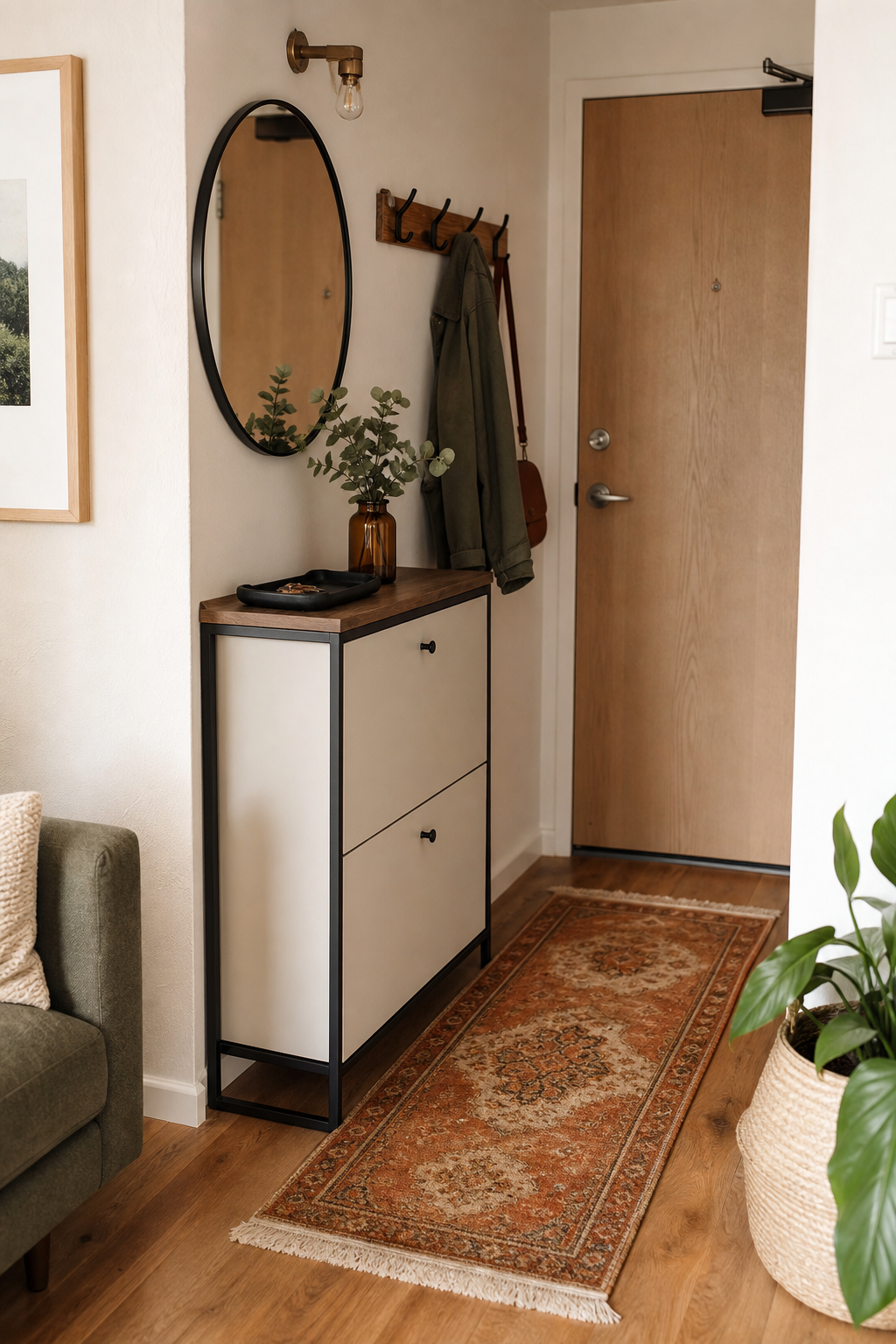 Small apartment entry with mirror console hooks and shoe storage