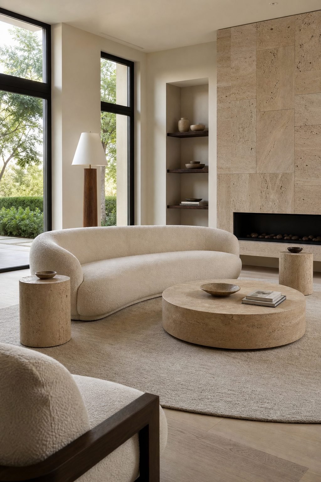 Curved cream 3 seater sofa softening a modern living room with linear architecture