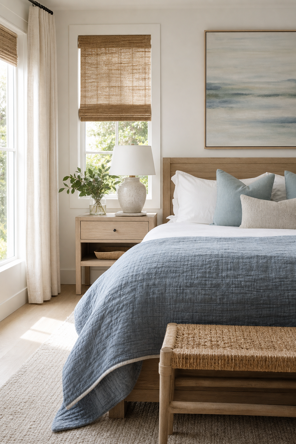 Quiet coastal bedroom with bleached oak, linen bedding, and woven shades