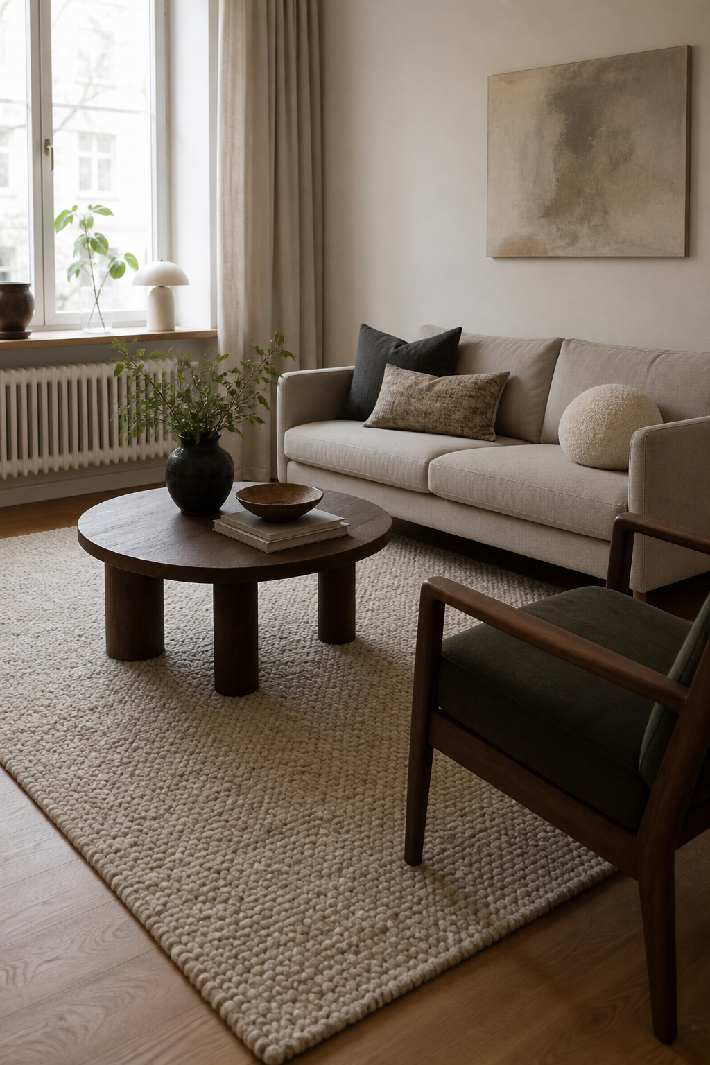 Small living room seating anchored by a properly sized rug
