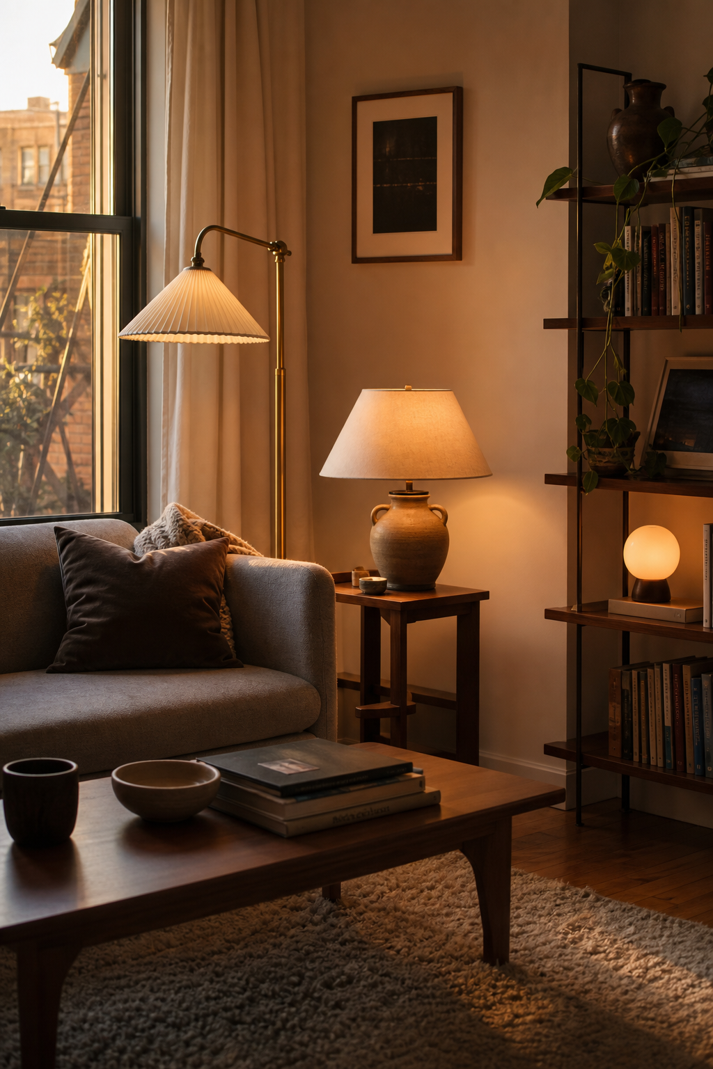 Cozy small apartment living room with layered warm lamps at different heights