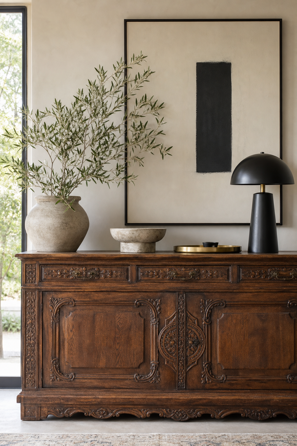 Antique wood cabinet styled with modern decor