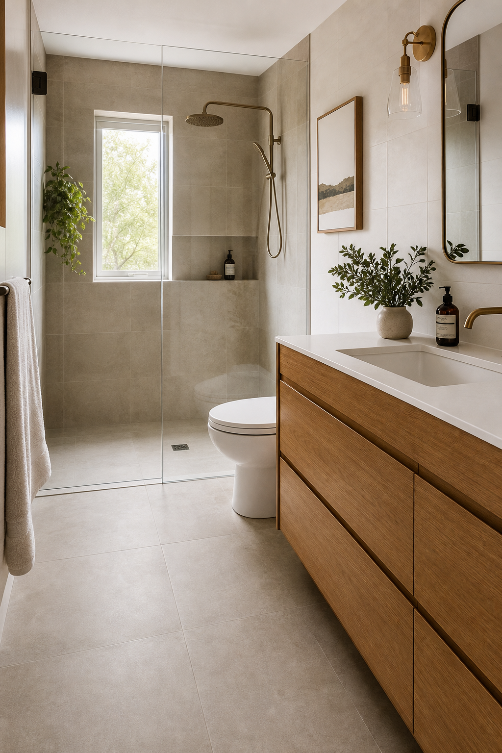Small full bathroom idea with run the same tile across the floor and shower