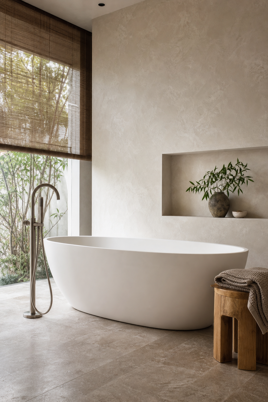 Softly rounded freestanding tub in a serene modern spa bathroom