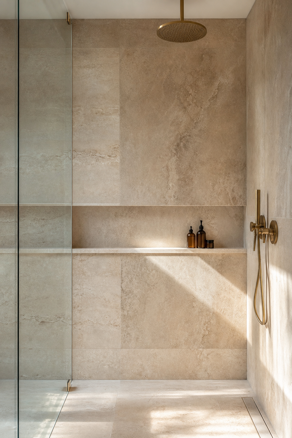 Luxury walk-in shower with wide stone tile niche