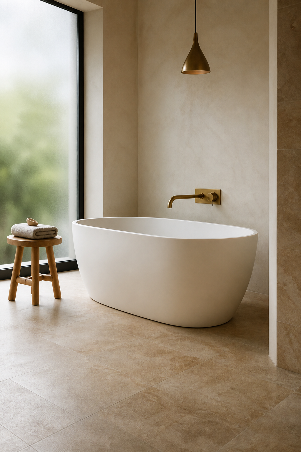 Freestanding oval tub with warm stone floor, teak stool, and soft window light