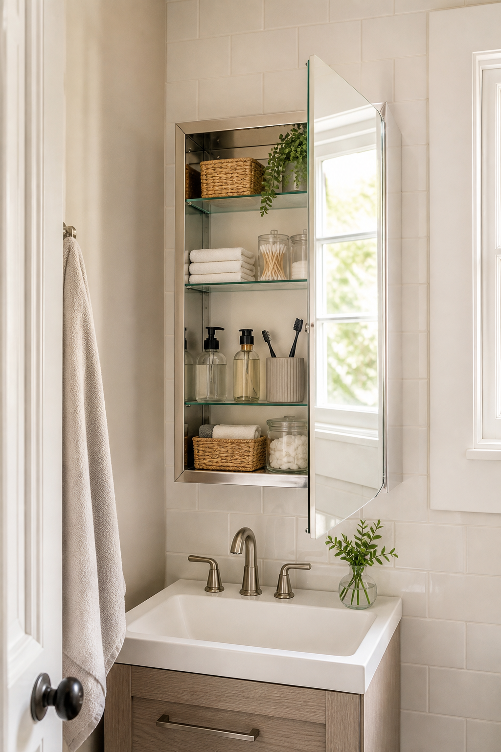 Small bathroom with recessed mirrored medicine cabinet storage