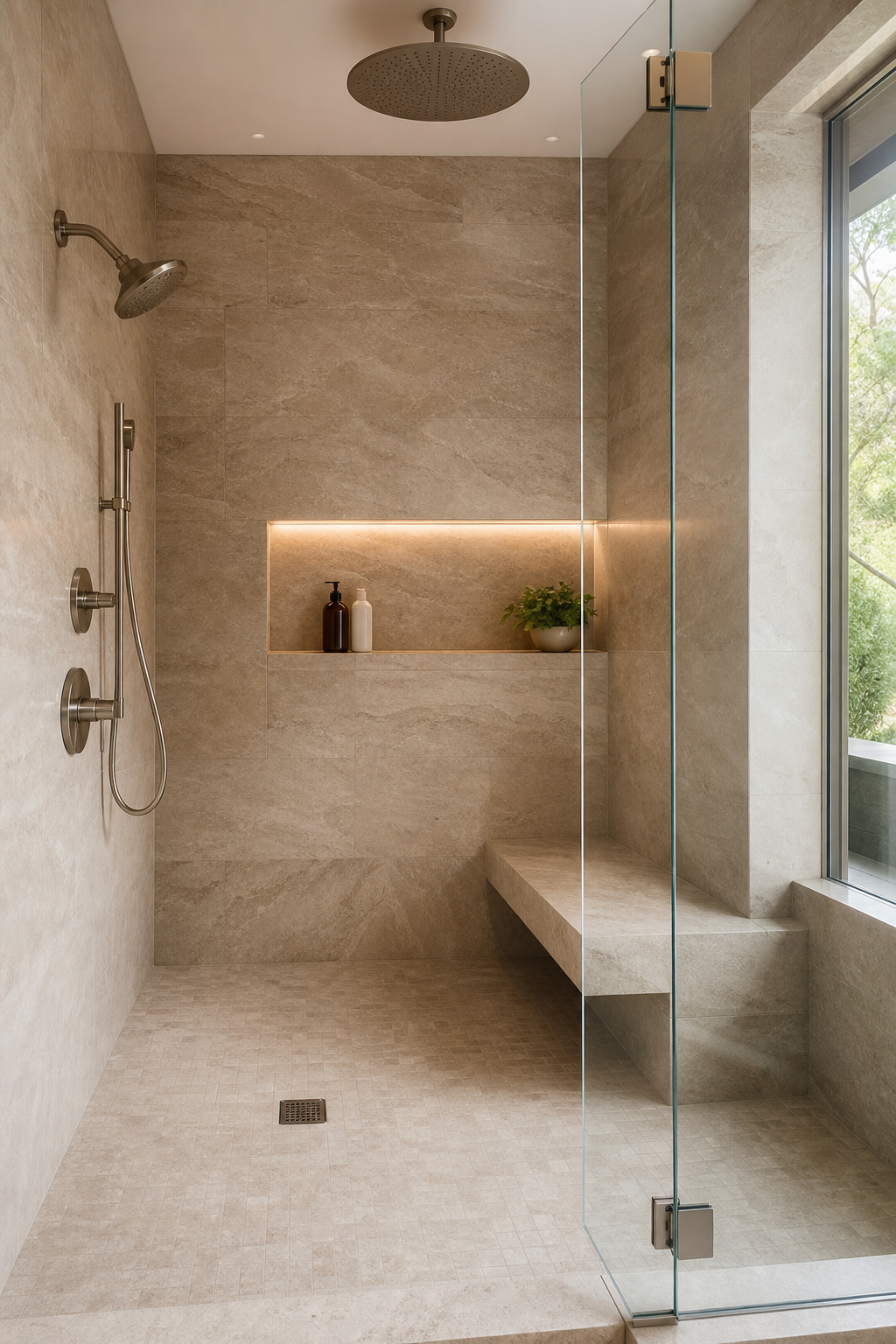 Stone shower bench in a spa-like master shower