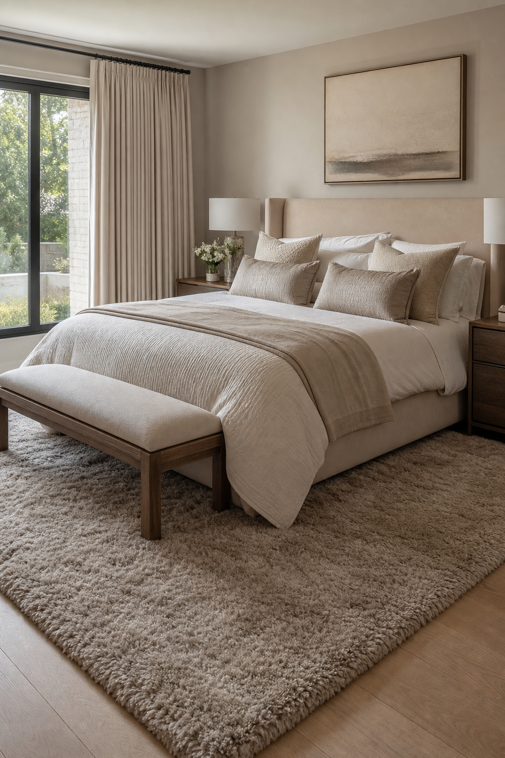 Plush oversized rug softening the floor beneath a cozy bedroom retreat