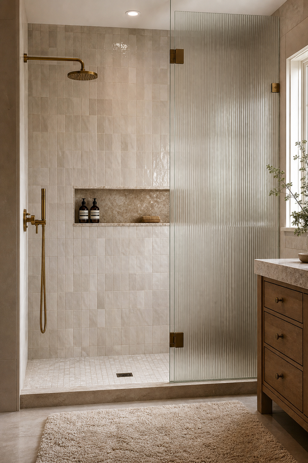 swap in a ribbed glass shower screen in a cozy spa-like bathroom