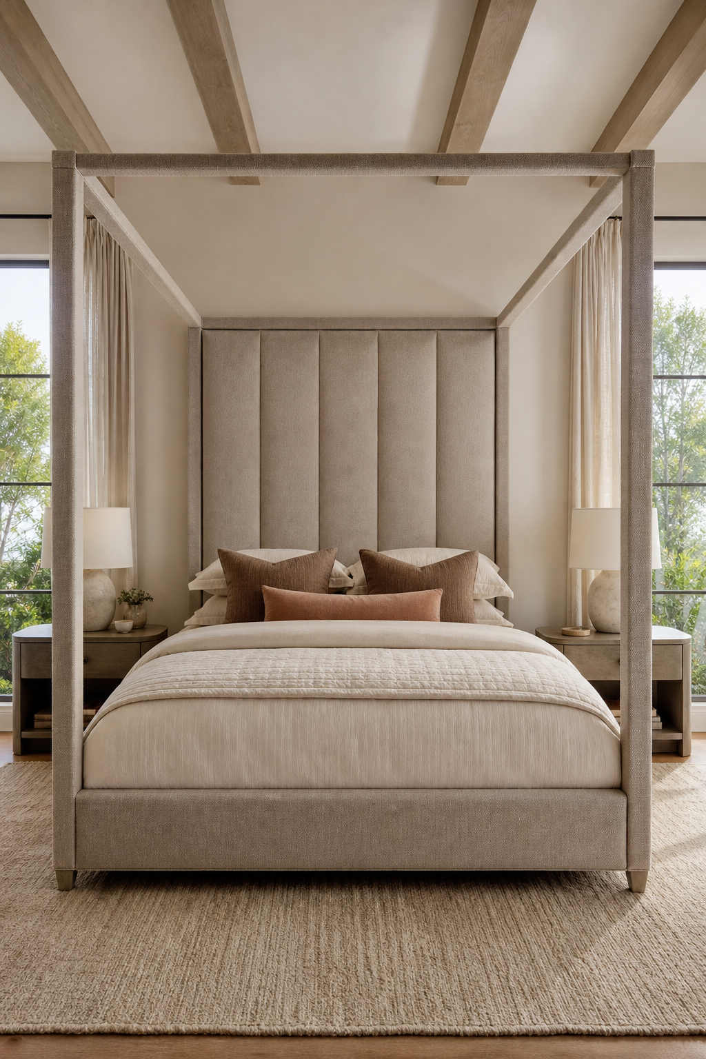 Soft greige upholstered canopy bed in a refined primary bedroom