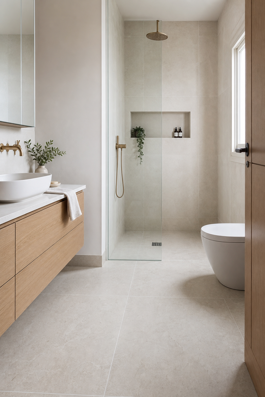Continuous pale tile floor running into a tiny bathroom shower