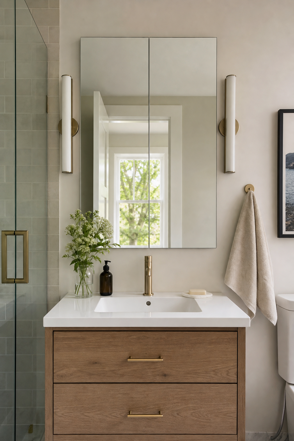 Small bathroom interior idea with install a mirrored medicine cabinet that looks seamless