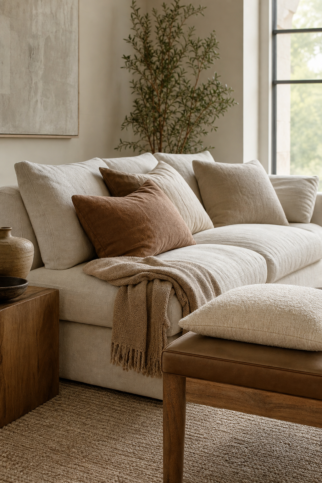 Soft structured linen sofa in a cozy designer living room
