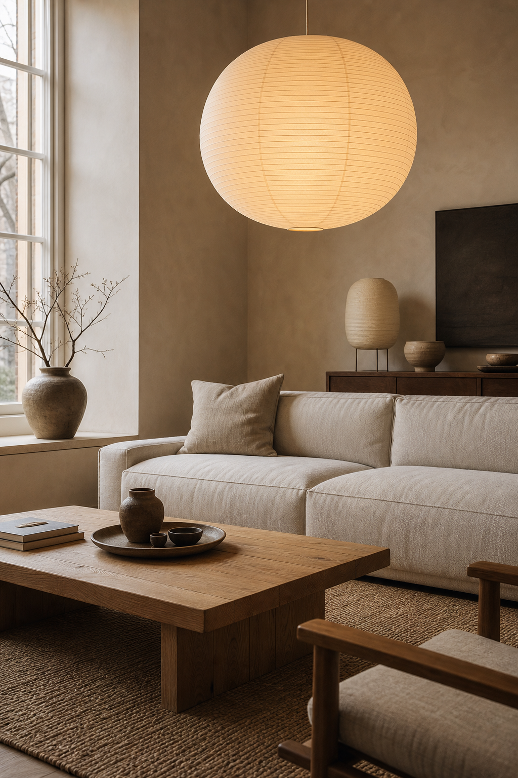 Japandi living room with warm paper lantern pendant over seating