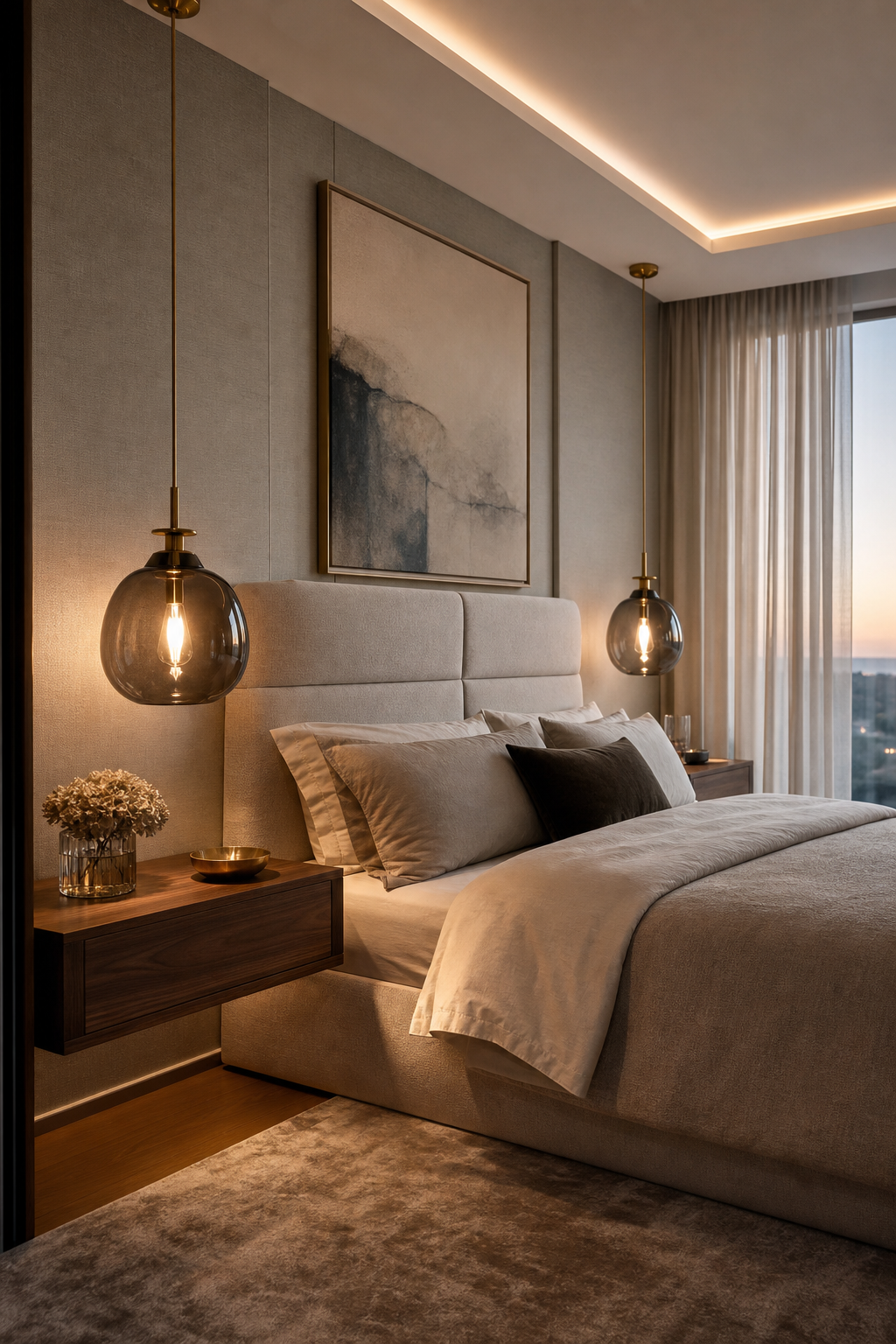 Luxury bedroom with pendant bedside lighting and warm evening glow