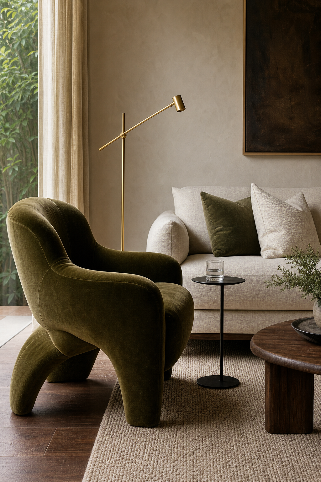 Contemporary living room with sculptural olive armchair and cozy reading corner