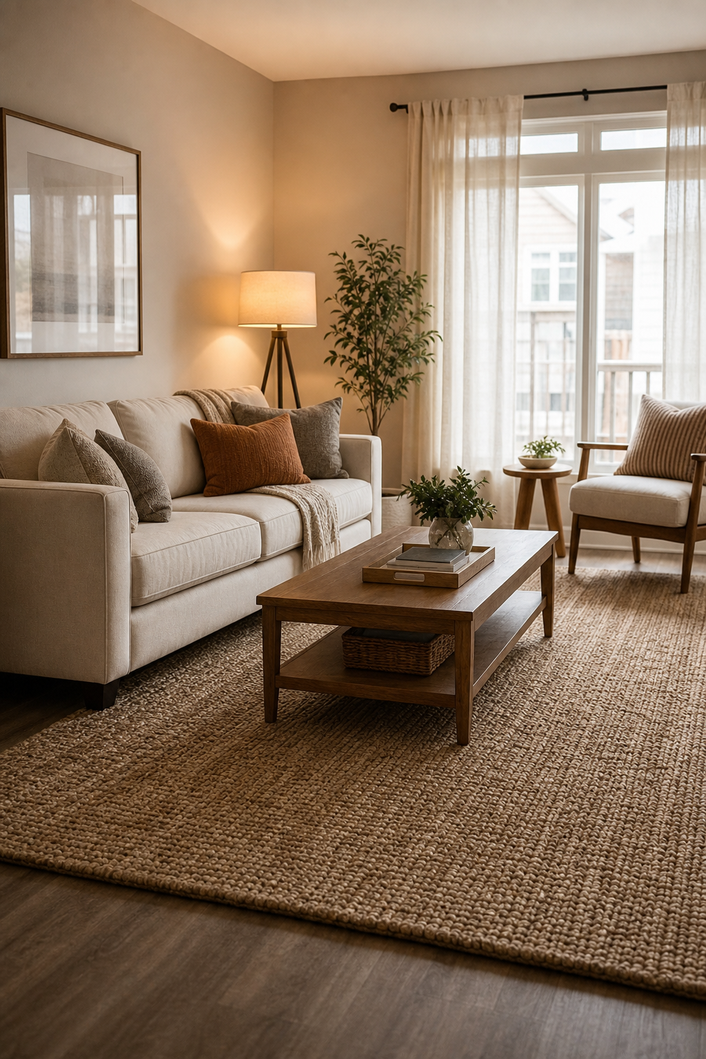 Warm apartment aesthetic idea with anchor the room with a textured rug