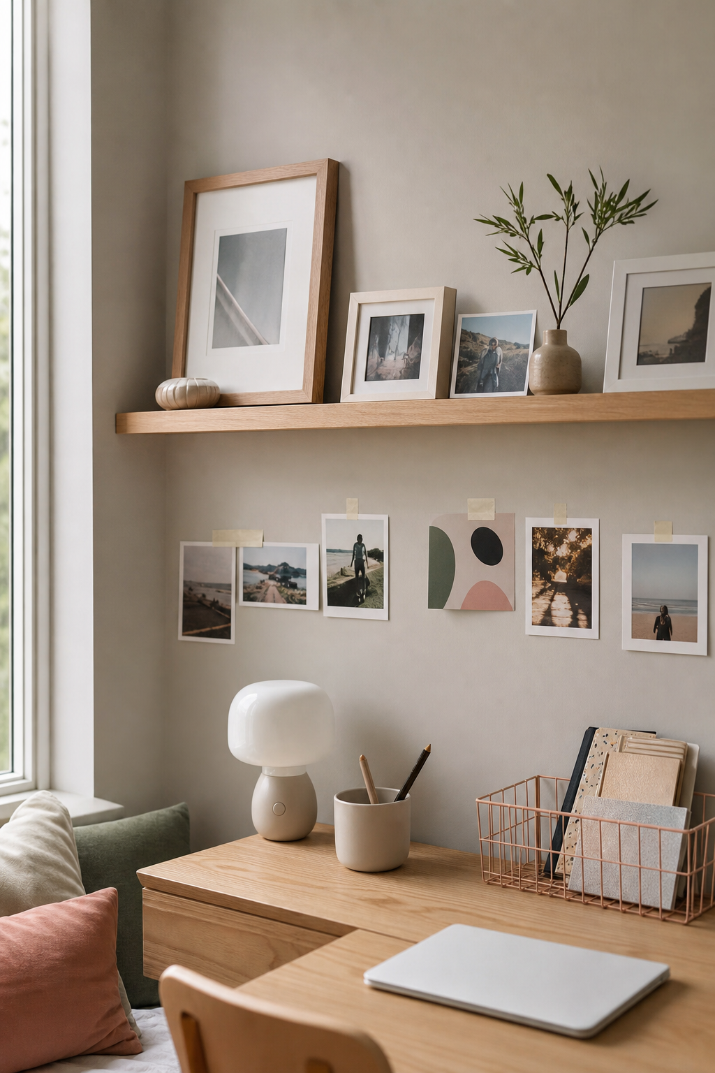 Teen room photo ledge with frames and art cards