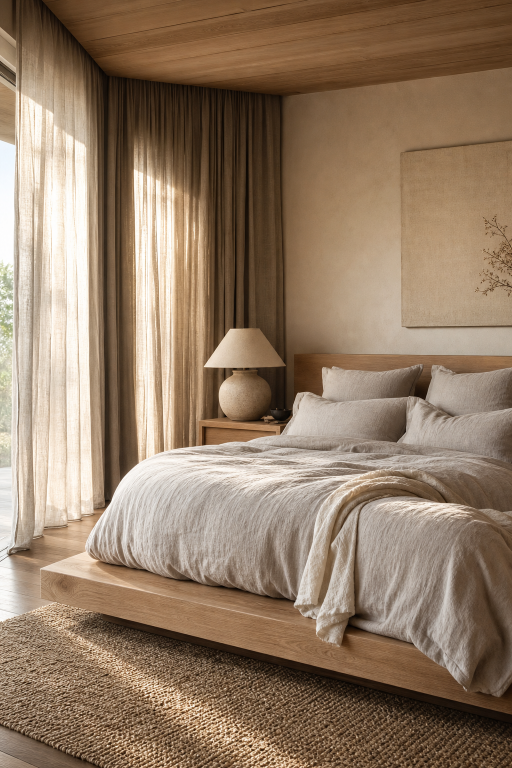 Japandi bedroom with flax linen bedding and soft curtains