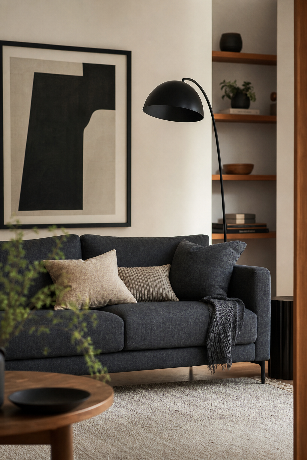 Dark grey couch styling idea with use black details for a modern edge