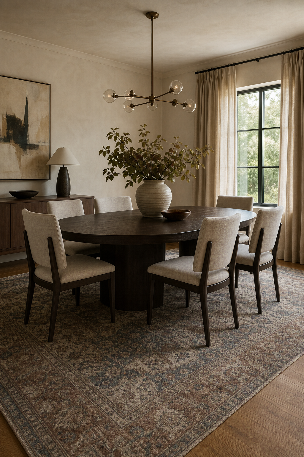 Elegant dining room with large patterned rug under an oval wood table
