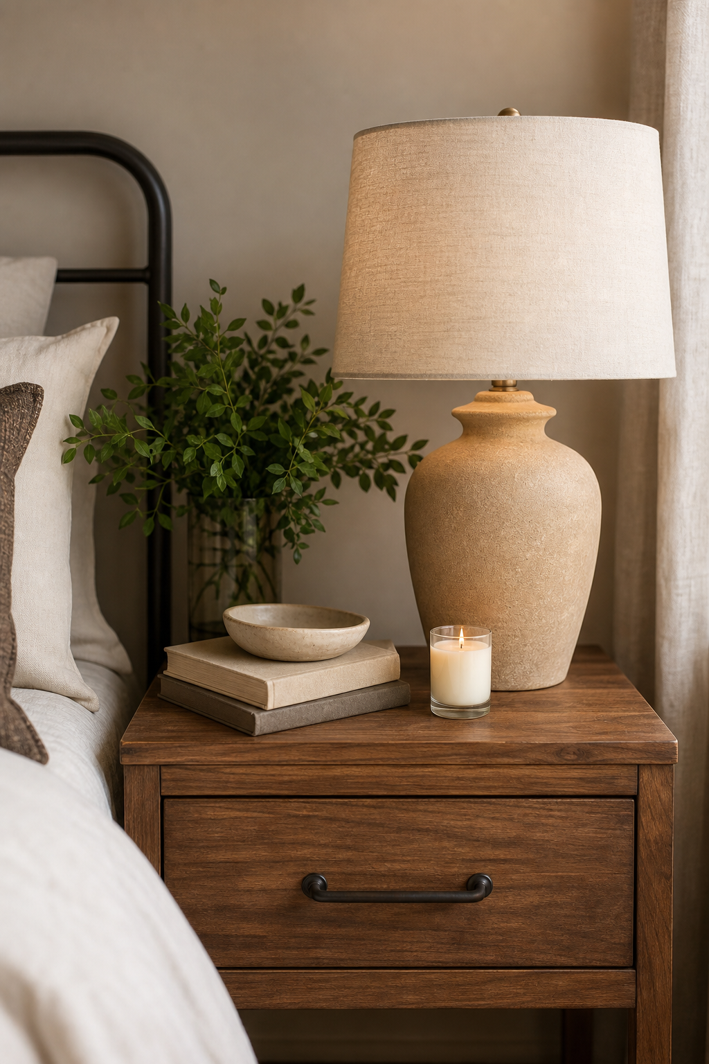 Styled nightstand with lamp, books, candle, and small greenery
