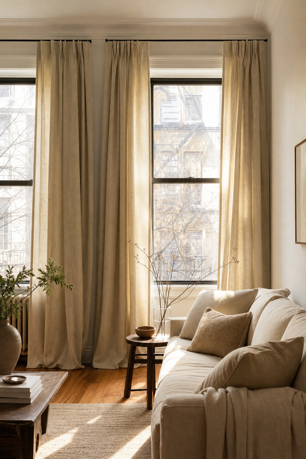 Rental apartment windows with high wide linen curtains