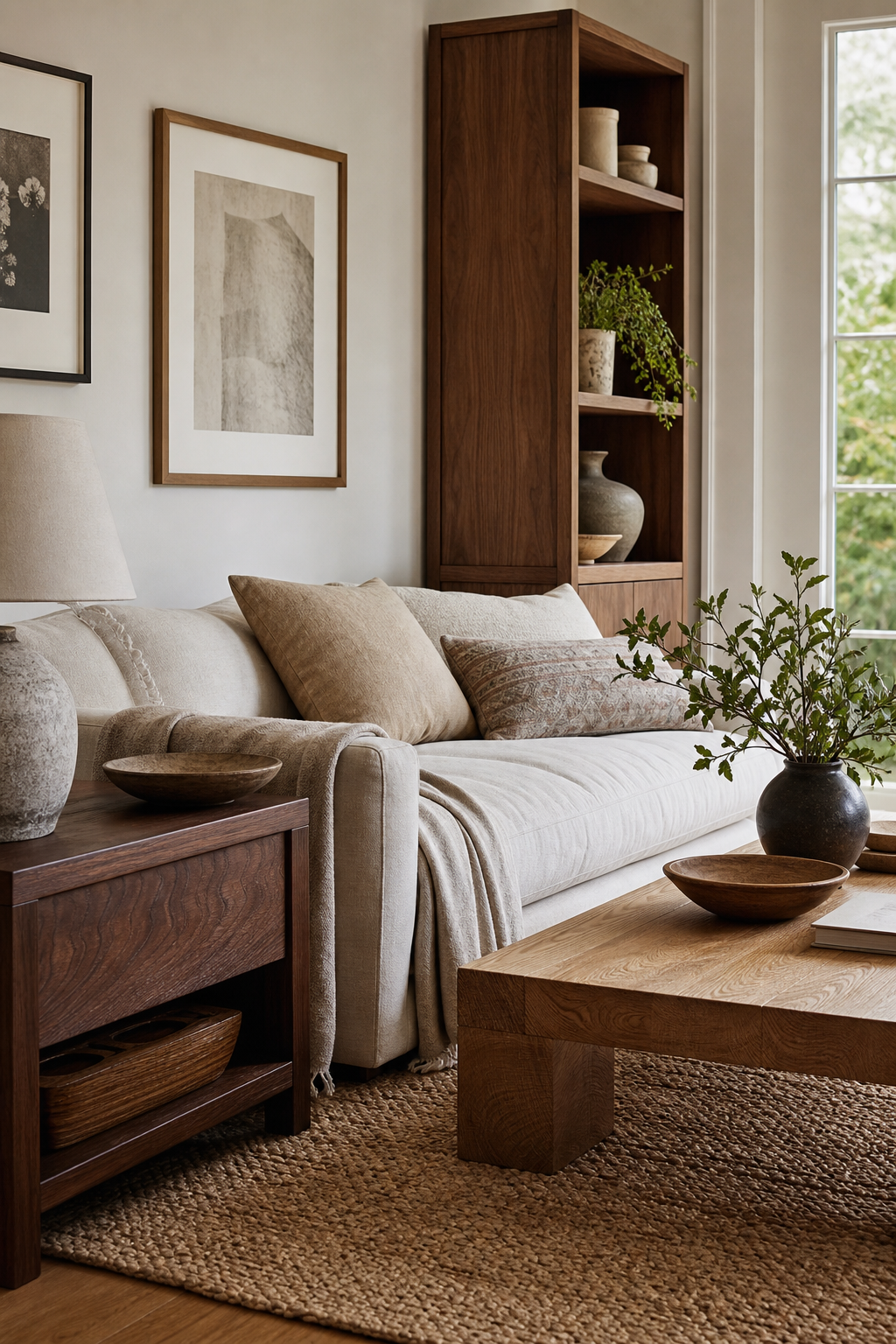 Designer living room mixing oak coffee table, walnut side table, wood frames, linen sofa, stone lamp, woven rug, natural daylight