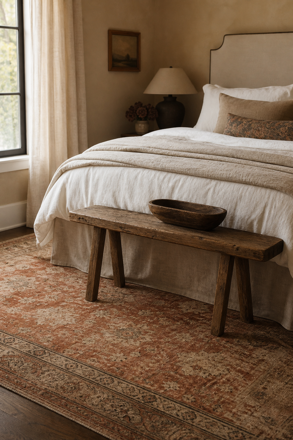 Cozy bedroom with muted vintage-style rug under the bed