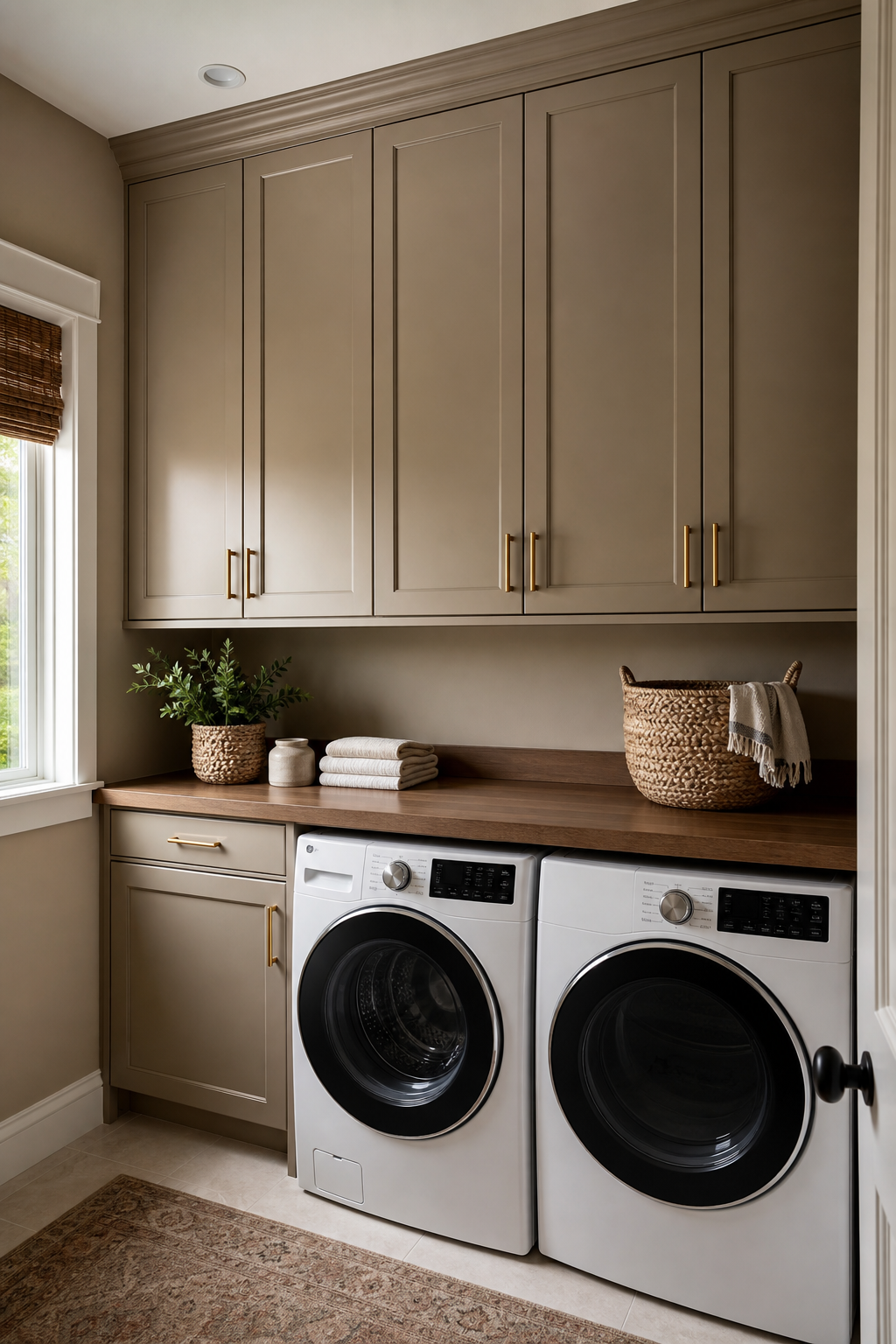 Laundry room with closed cabinets above the washer and dryer