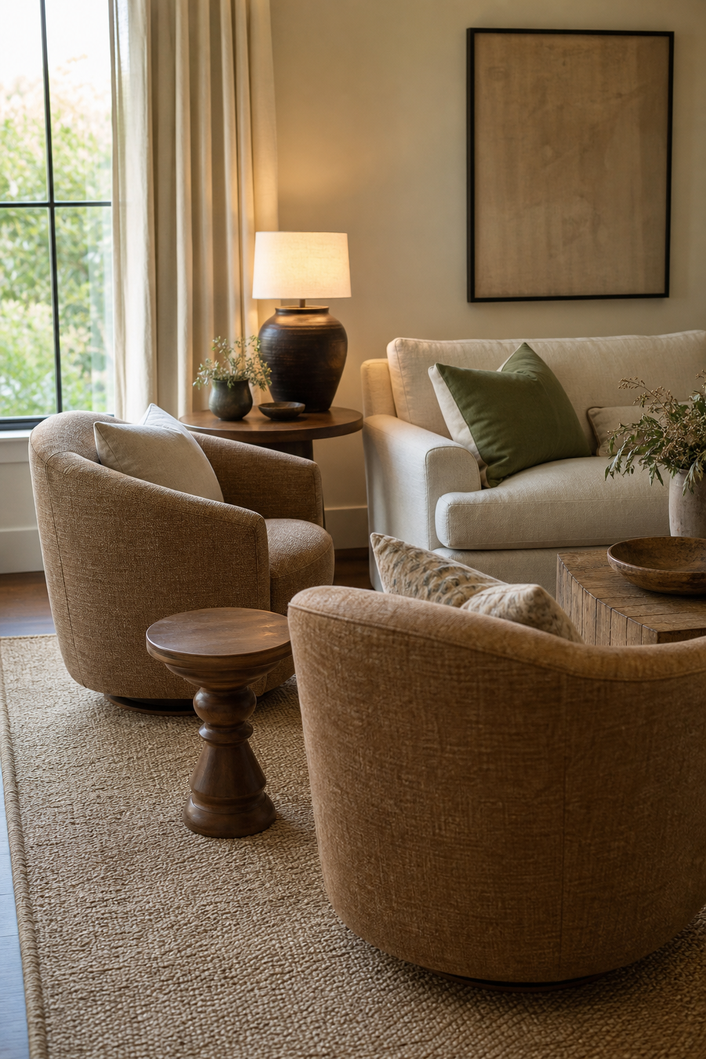 Add swivel chairs for flexible talking in a cozy designer conversation room
