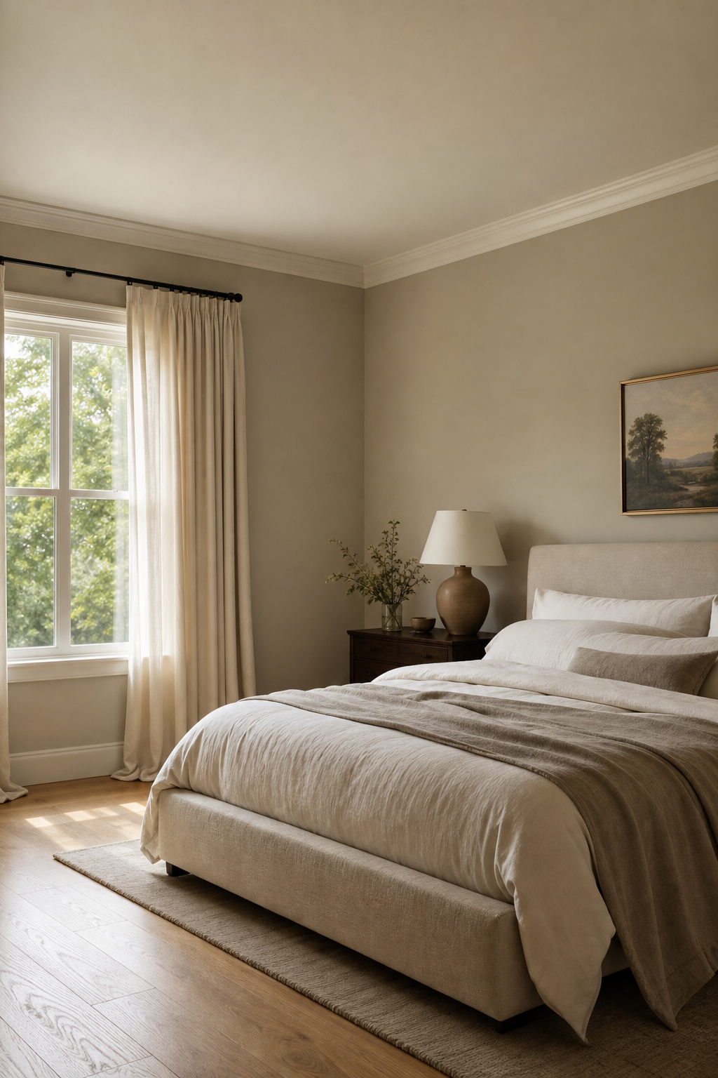 Warm greige bedroom walls creating a cozy simple retreat