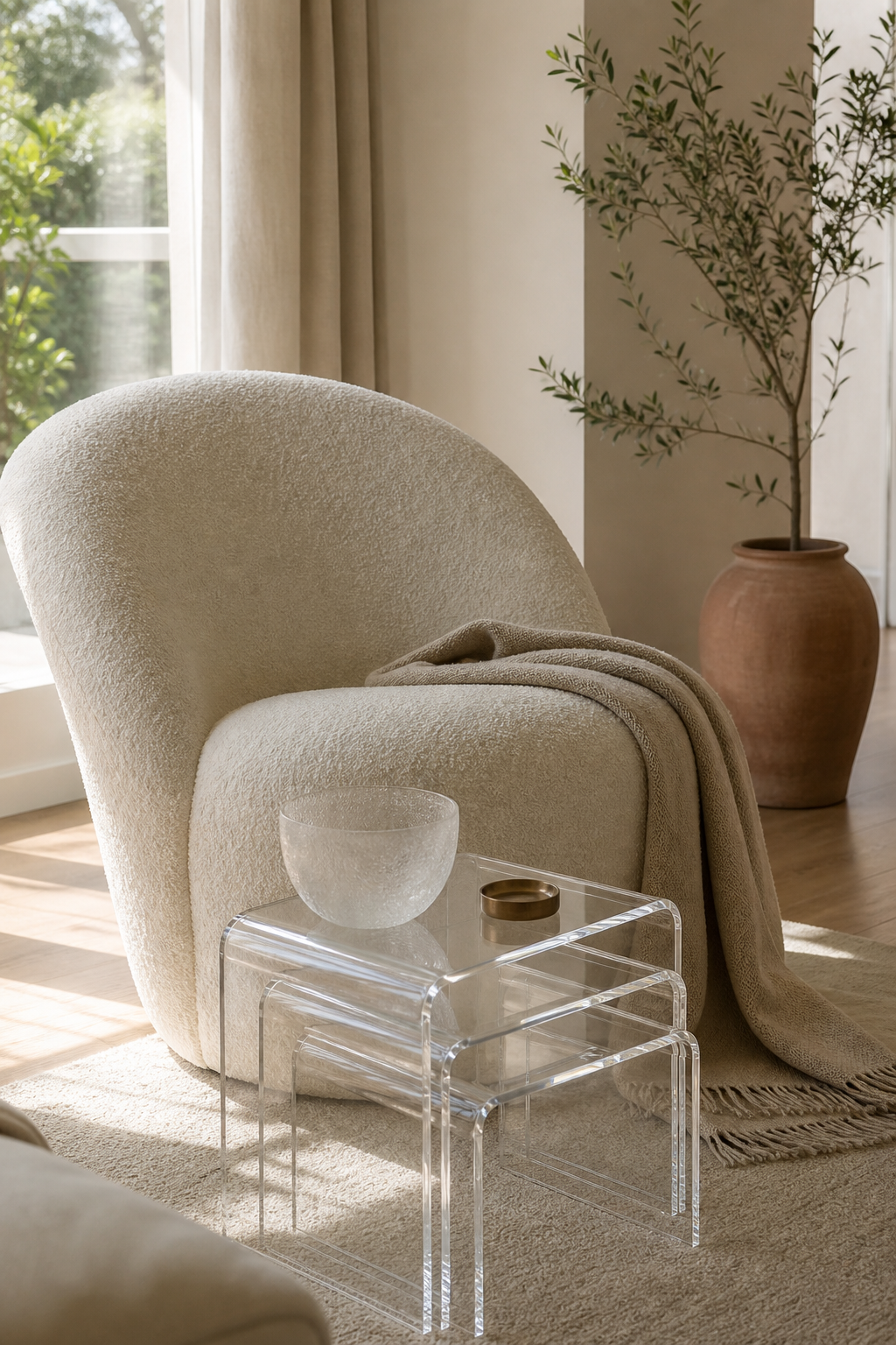 bring in acrylic side tables in a cozy Y2K living room
