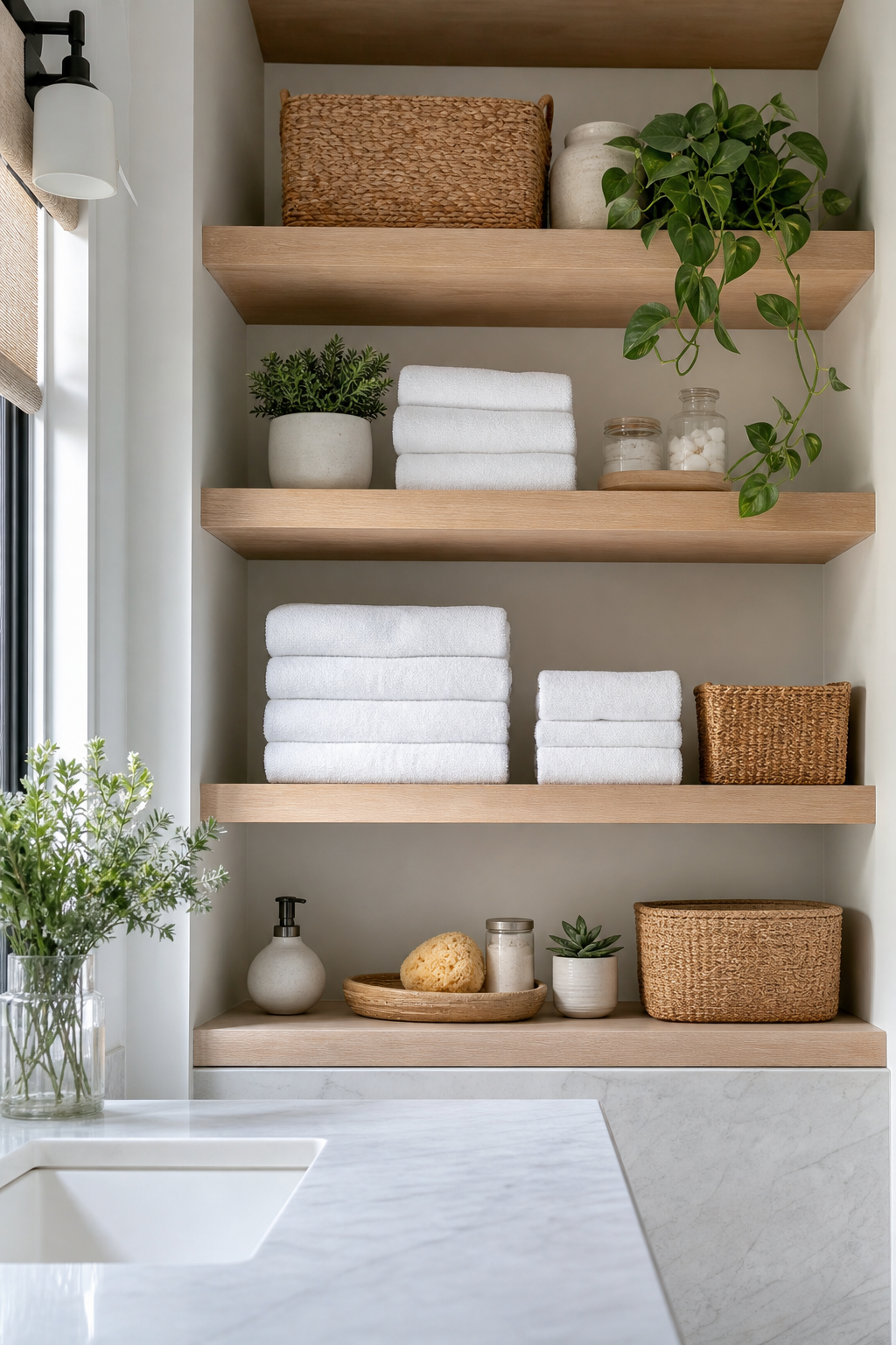 Cute bathroom shelves with towels baskets and jars