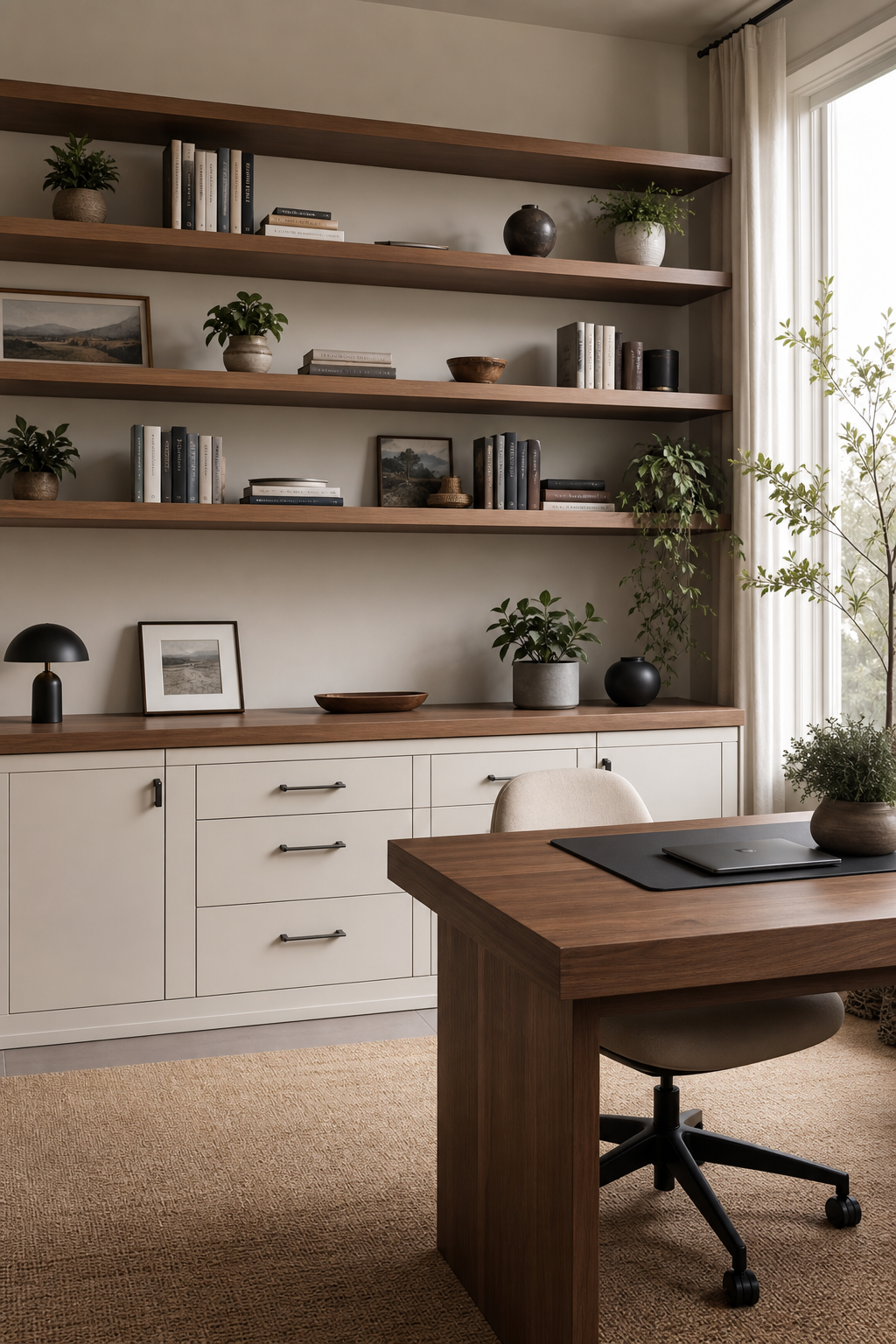 Home office with closed storage credenza, neat drawers, warm wood shelves, styled books, clutter-free desk