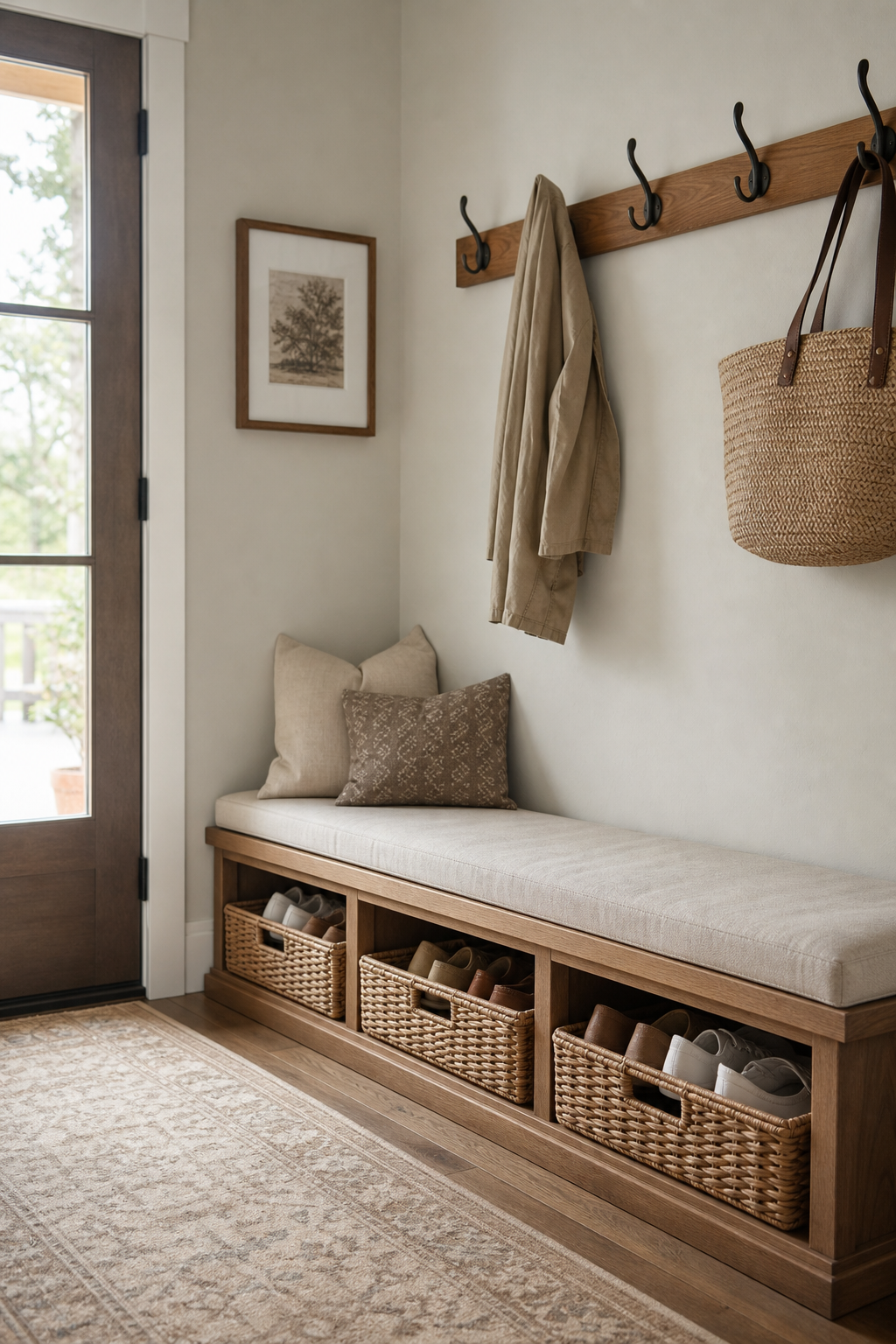 Entryway with oak bench wall hooks and shoe baskets