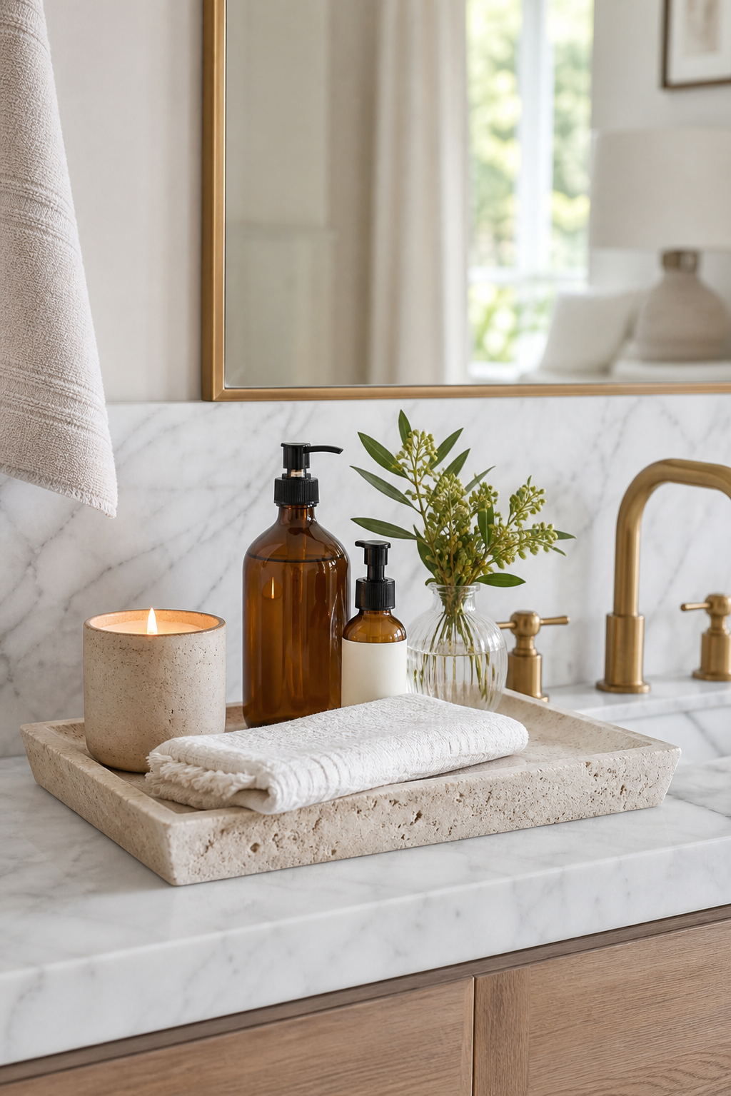 Bathroom vanity tray with soap lotion candle and greenery