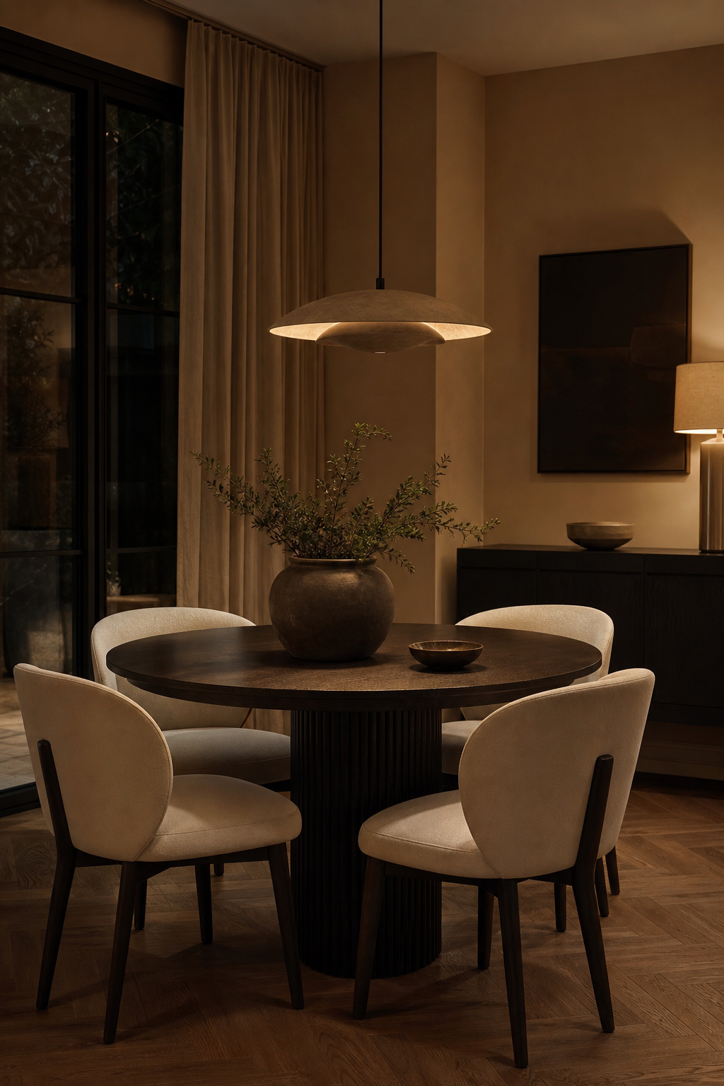 Intimate dining corner with round table and sculptural pendant