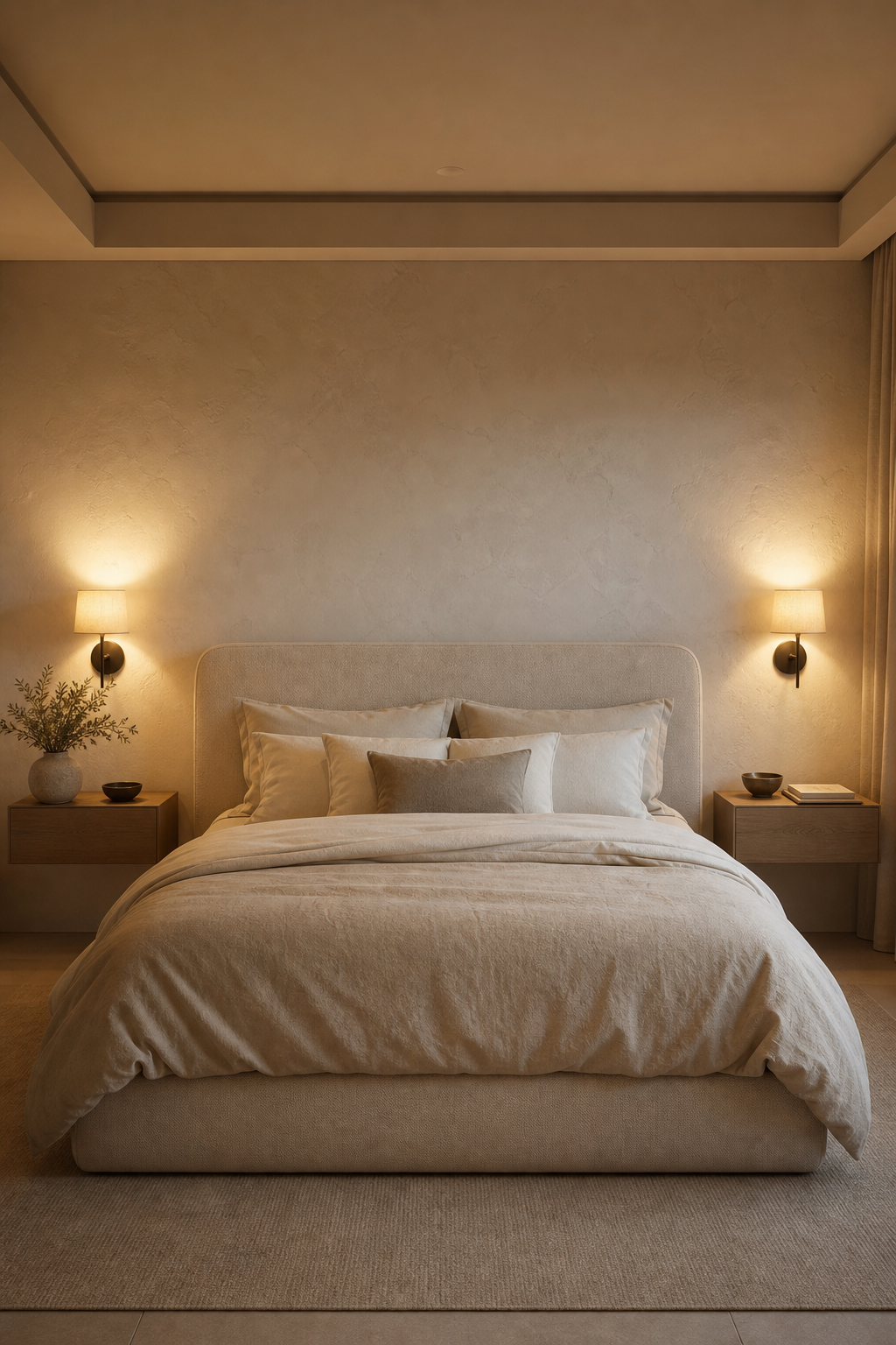 Minimalist bedroom with warm wall sconces and uncluttered floating nightstands