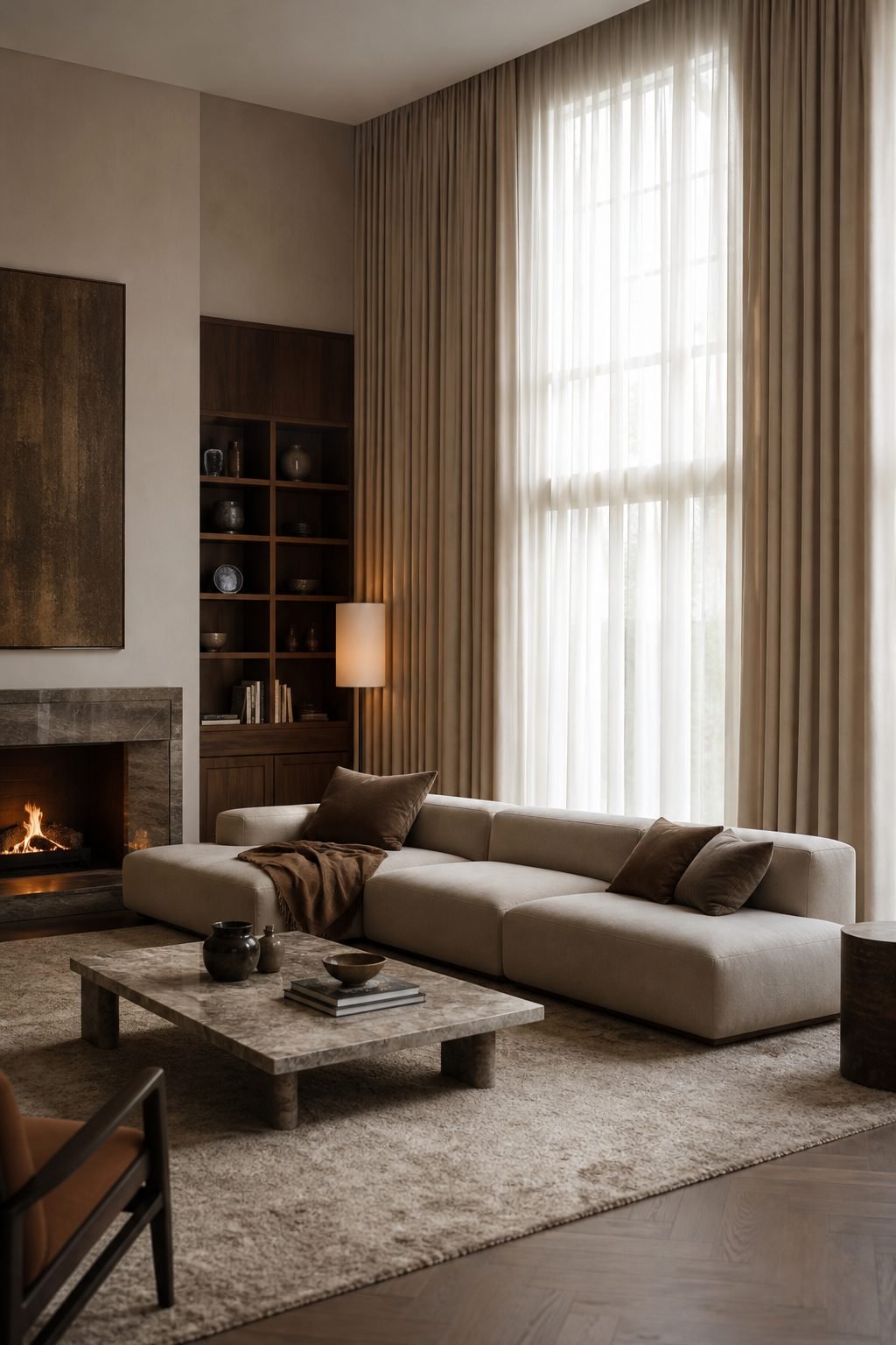 Pair Low Seating With Tall Drapery for Sofa Aesthetic To Anchor A Stylish Living Room