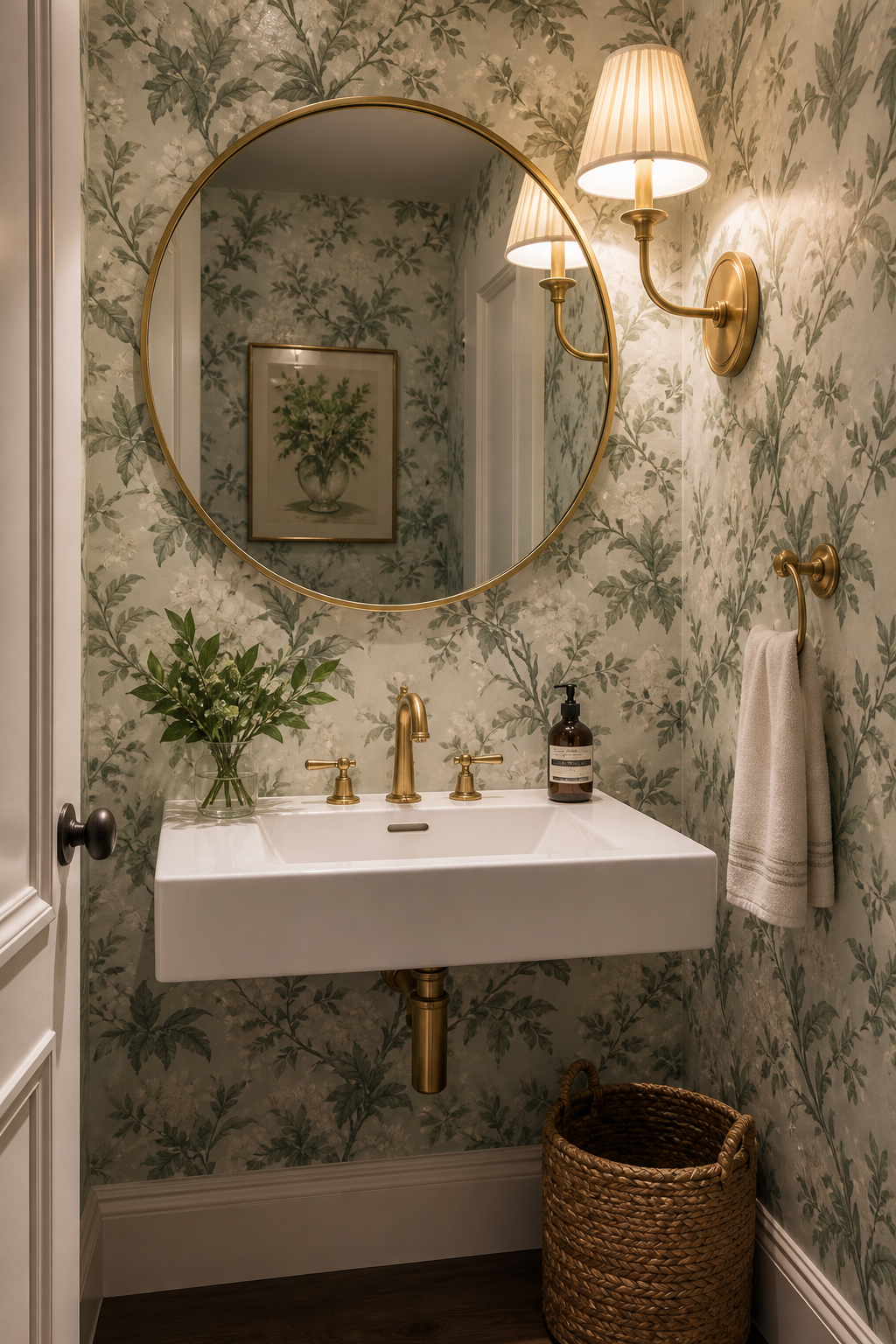 Compact half bathroom with elegant botanical wallpaper, white sink, round mirror, and brass sconce