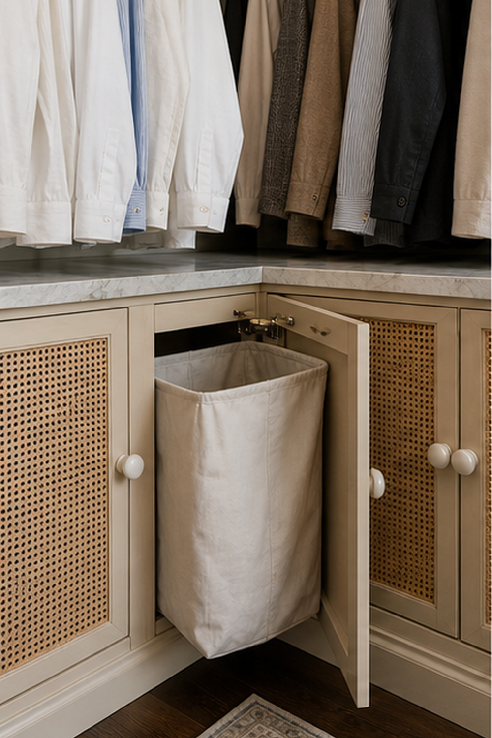 Corner Hamper Cabinet for small walk-in closet ideas