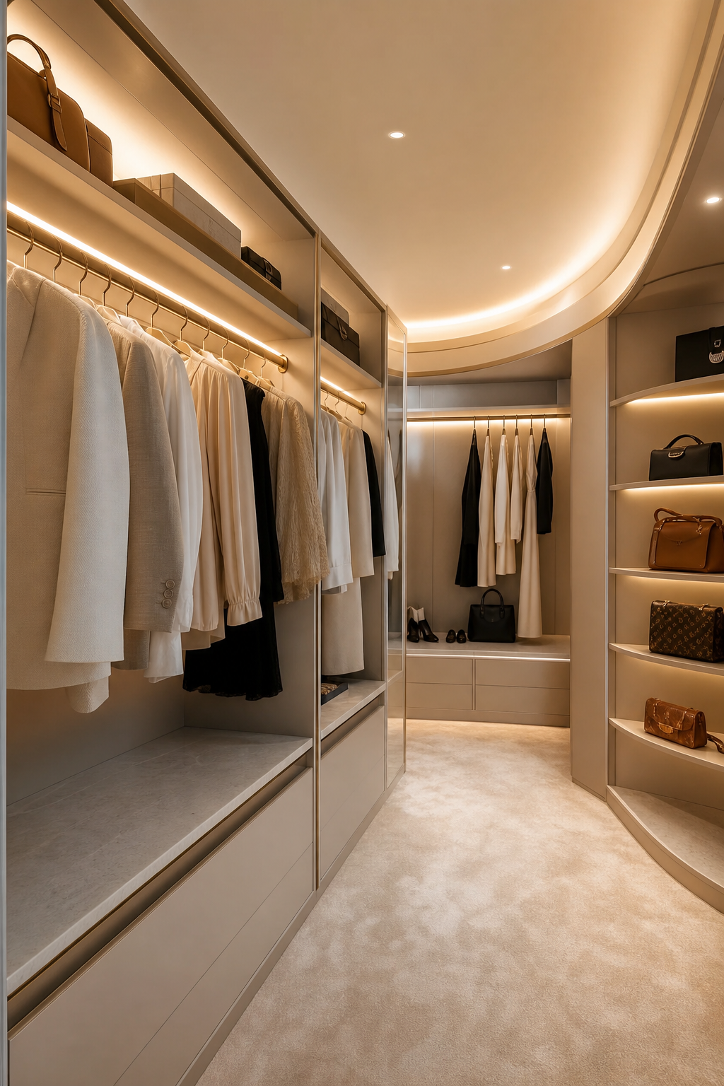 Frame The Closet With Soft Lighting in a neat stylish walk-in closet