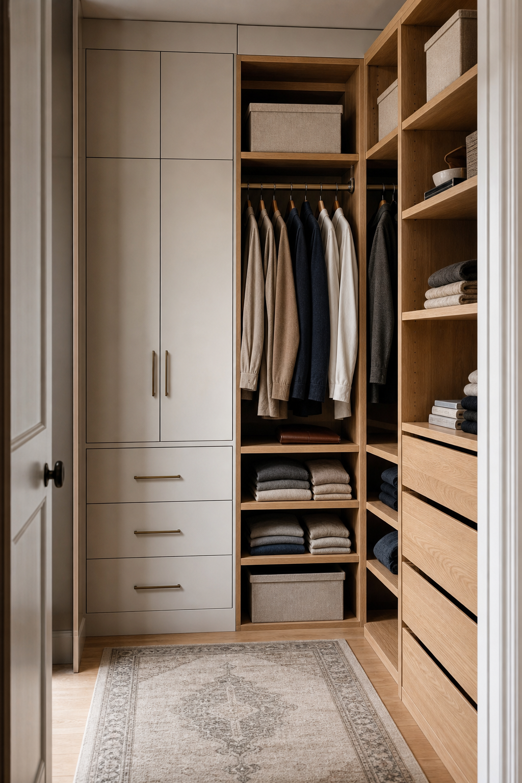 Modern closet design with mix open hanging with closed cabinets