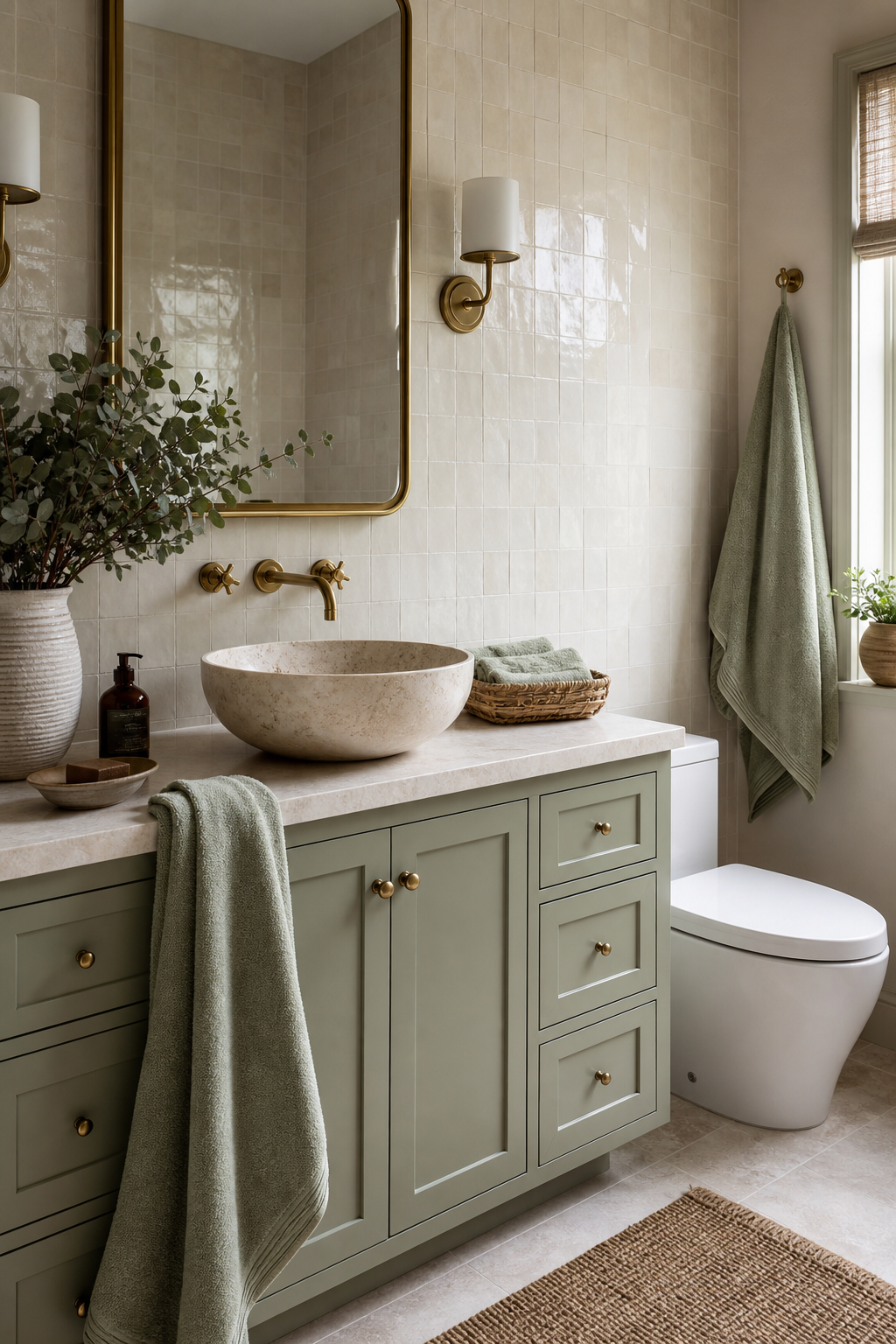 Use soft sage as spaccent in a spa-like guest bathroom