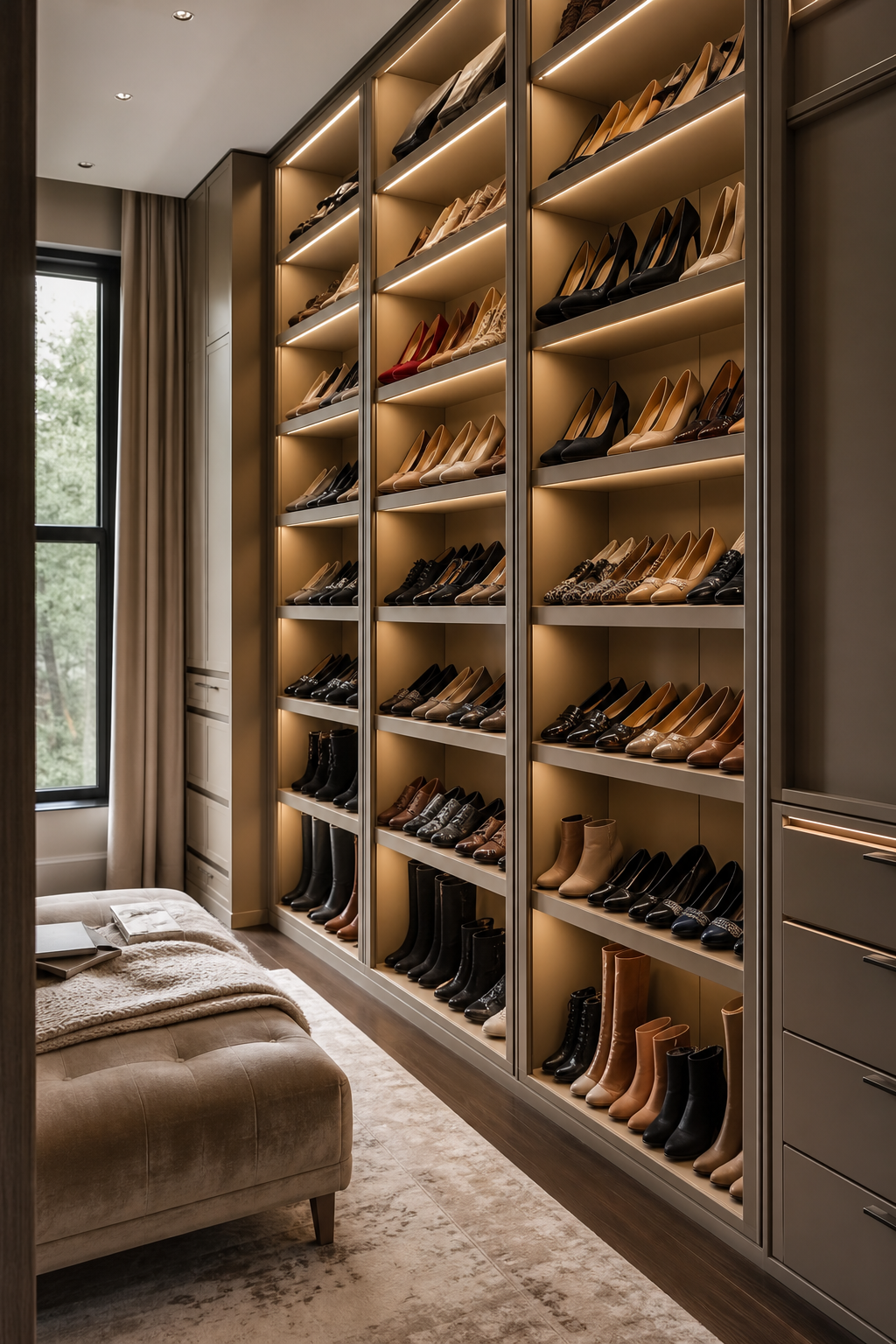 Floor-to-ceiling shoe shelving in a luxury closet with warm lighting and a low upholstered bench