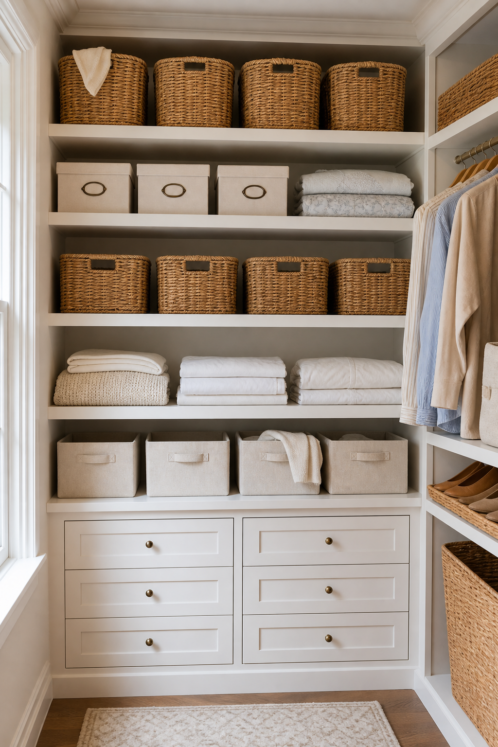 Choose Matching Baskets For Upper Shelves closet inspiration